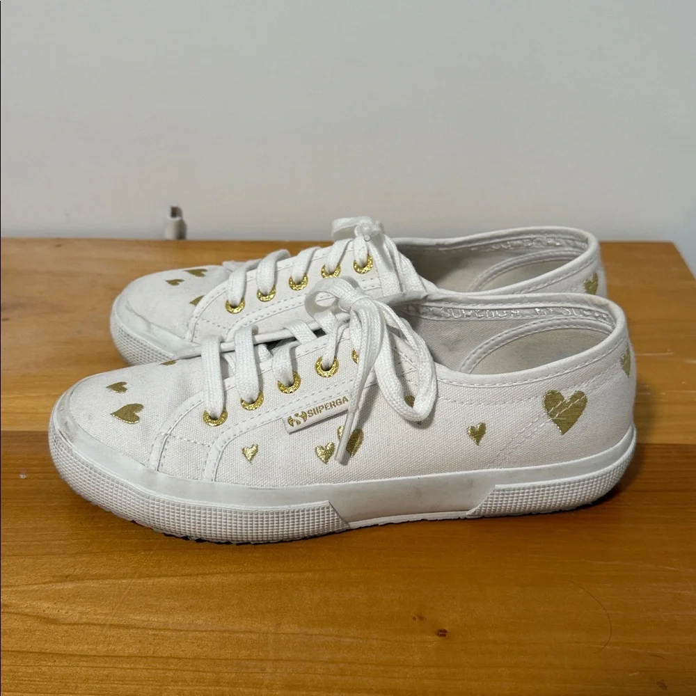 Superga White and Gold Heart Sneakers
